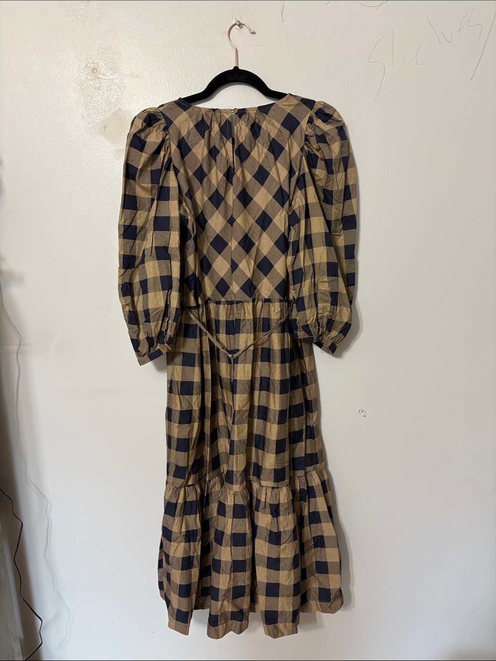Summersalt Tiered Midi Dress Buffalo Plaid Puff Sleeve Brown Navy Size S - Picture 6 of 6